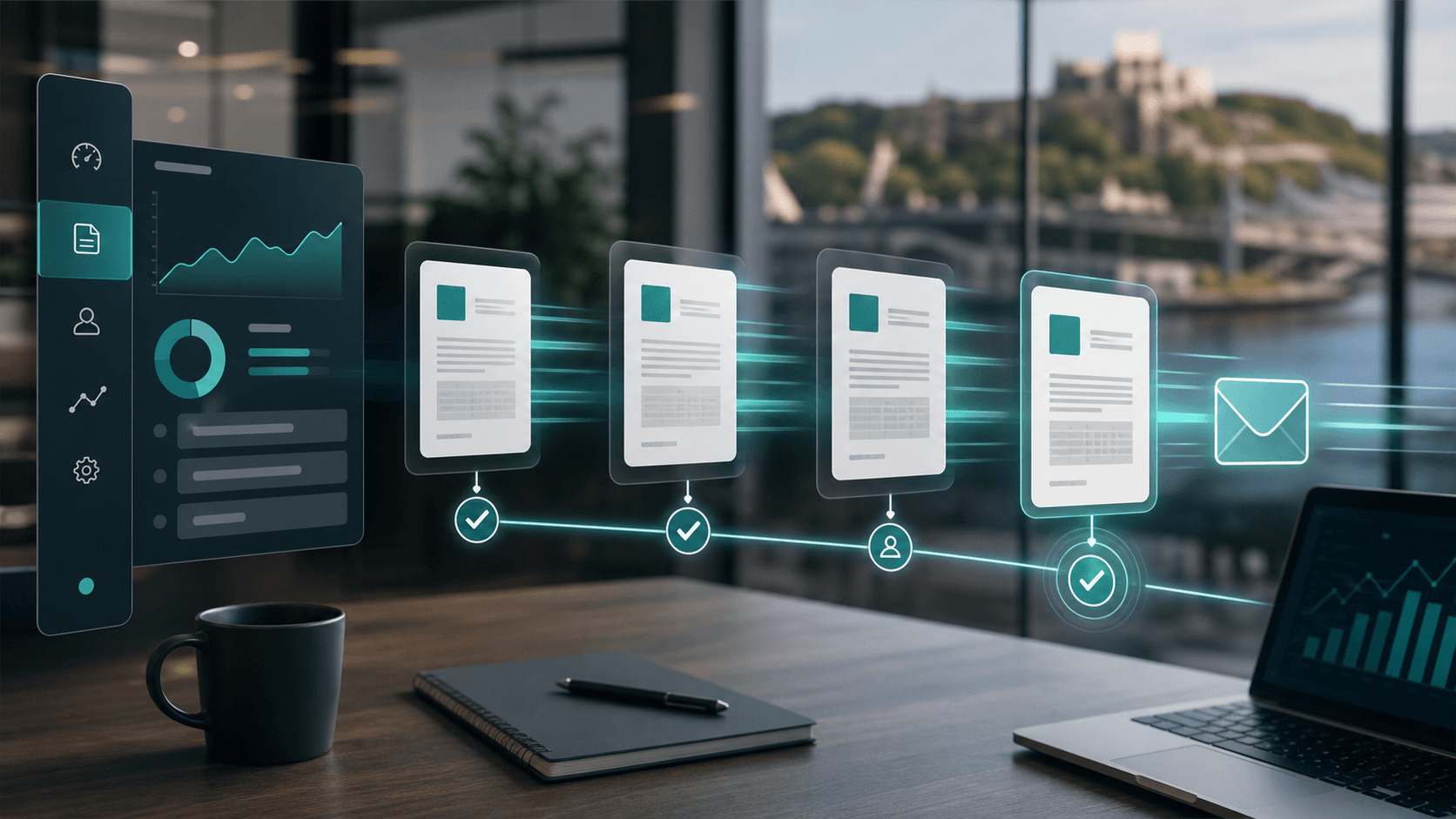 Clean futuristic sales workflow dashboard with quote documents moving through an automated pipeline for a South Wales business