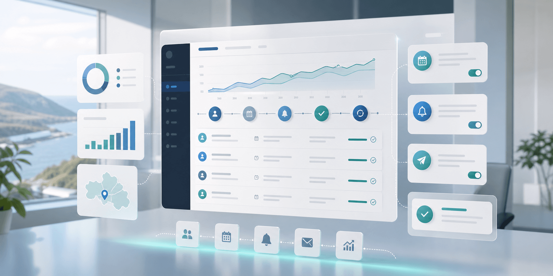 Clean futuristic customer lifecycle dashboard showing service reminder timing, repeat booking prompts, and customer follow-up automation for a South Wales SME