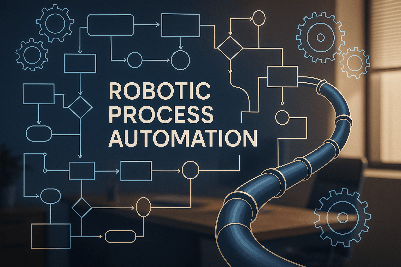 Futuristic workflow map over a South Wales business skyline with connected sales and automation systems