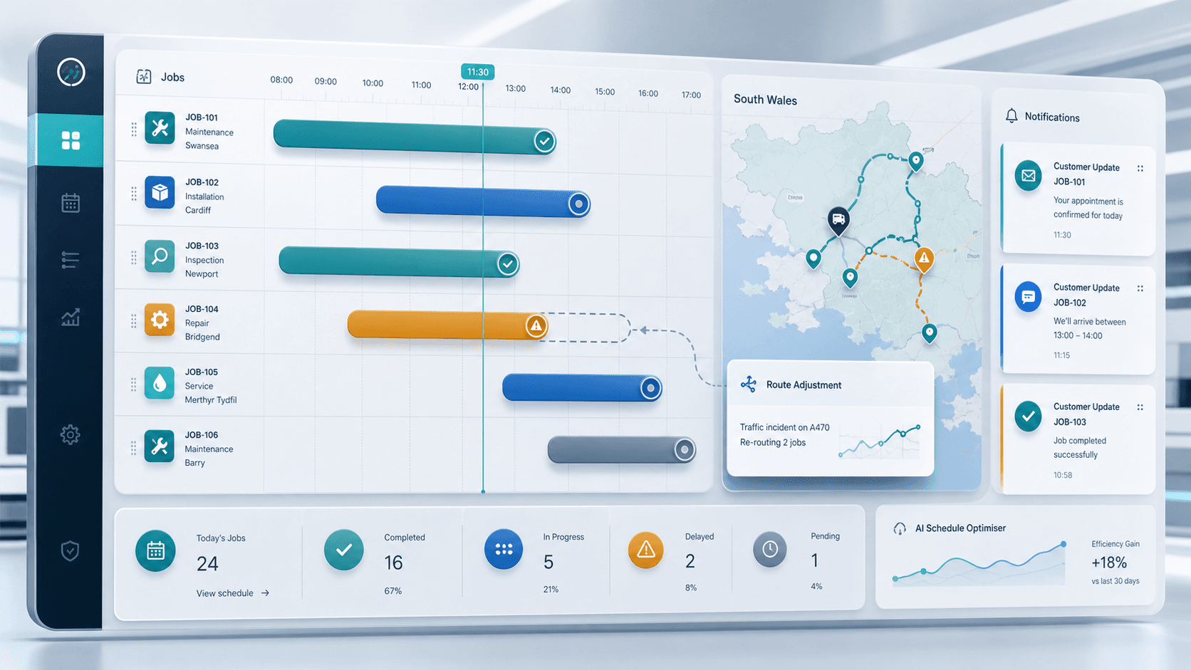 Clean futuristic operations dashboard showing scheduled jobs, live status updates, route changes, and customer notifications for a South Wales SME